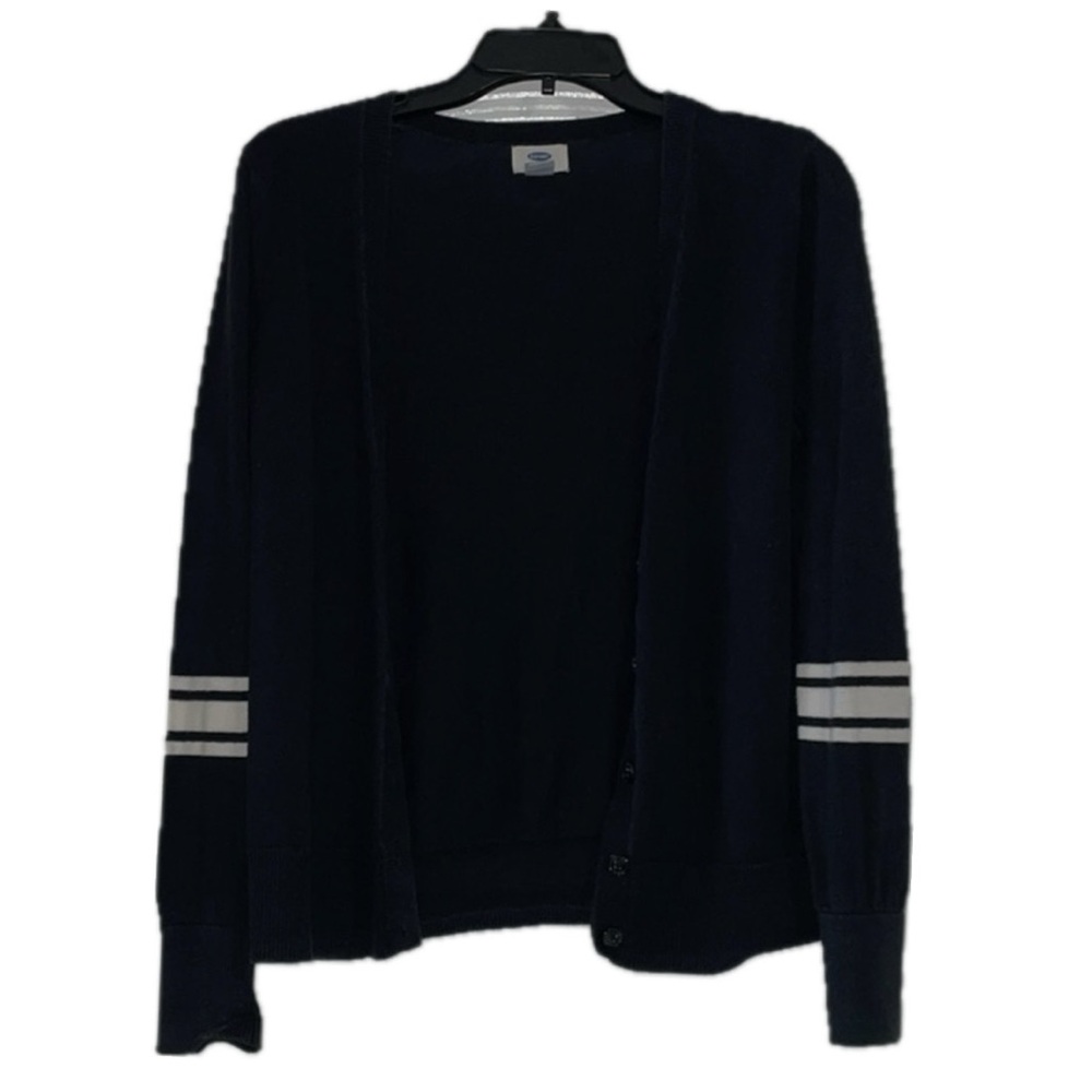 Women Black cardigan long sleeved sweater w/ white stripe on the arm (Old Navy)